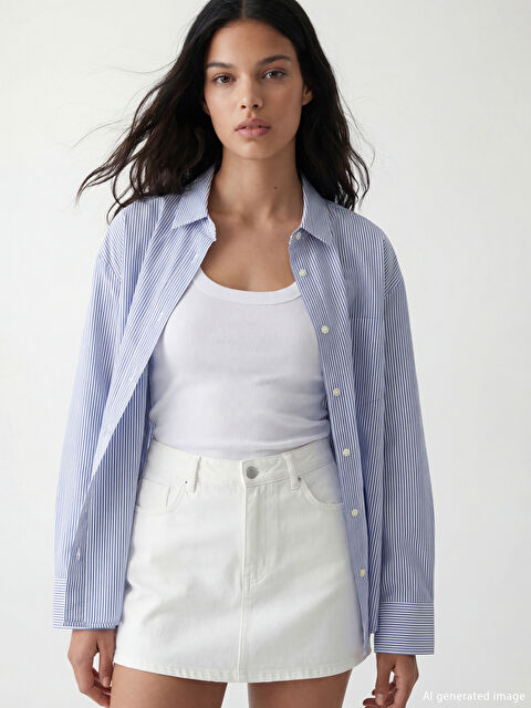 XSIDE Çizgili Oversize Oxford Kadın Gömlek - S6K937Z8-LEN