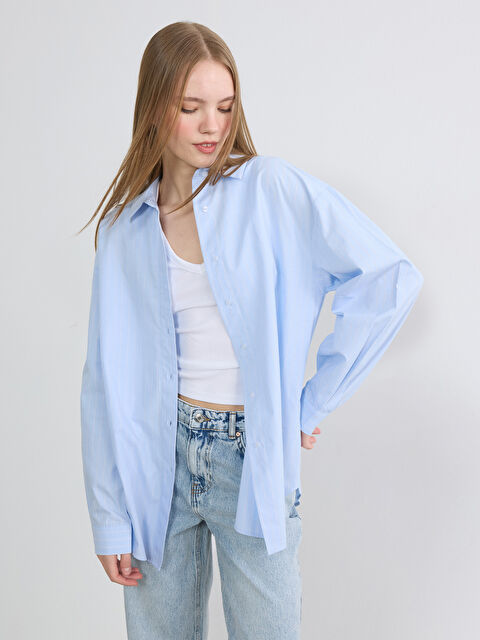 XSIDE Çizgili Oversize Poplin Kadın Gömlek - S6K956Z8-LEN