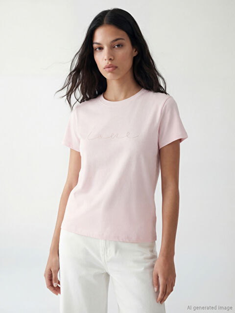 XSIDE Bisiklet Yaka Nakışlı Kadın Tişört - S6K978Z8-QNT