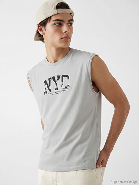 XSIDE تي شيرت رجالي بدون أكمام مطبوع بياقة دائرية - S6KA88Z8-FLG