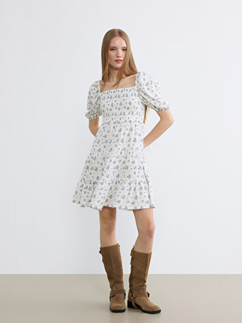 XSIDE Cvetna mini haljina sa puf rukavima i naborima