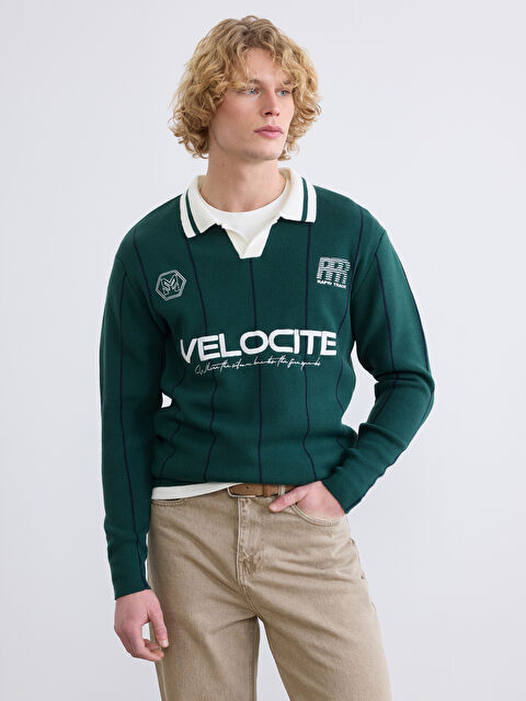 XSIDE Polo Yaka Çizgili Nakışlı Erkek Triko Kazak - S6KC41Z8-S8F