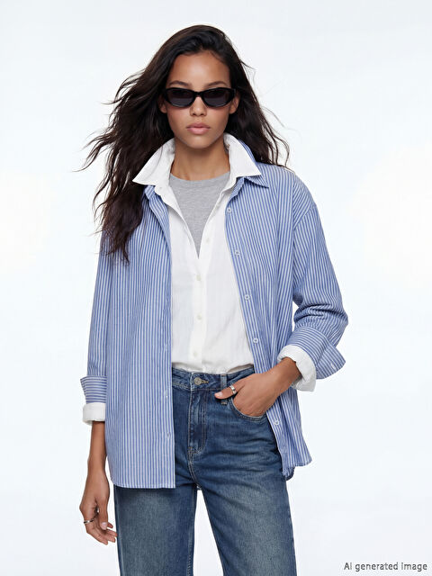 LCW Vision Çizgili Oversize Oxford Kadın Gömlek	 - S6KC74Z8-LEP