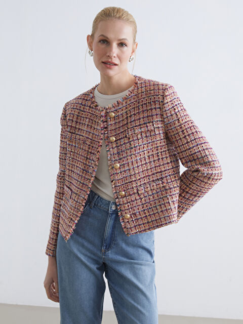 LCWAIKIKI Classic Bisiklet Yaka Ekose Kadın Tüvit Ceket - S6KD33Z8-LNQ