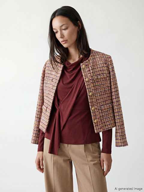 LCW STUDIO Bisiklet Yaka Ekose Kadın Tüvit Ceket - S6KD33Z8-LNQ