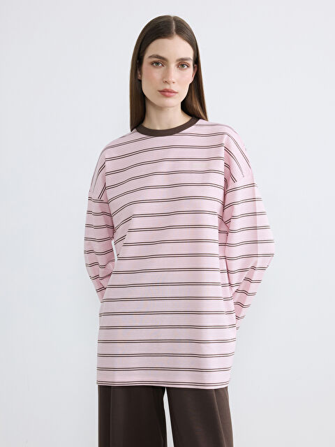 LCW Modest Bisiklet Yaka Çizgili Kadın Sweatshirt Tunik - S6KE65Z8-LHK