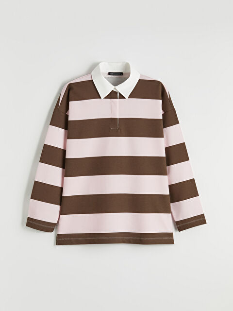 LCW Modest Polo Yaka Çizgili Oversize Kadın Sweatshirt - S6KF35Z8-LHK