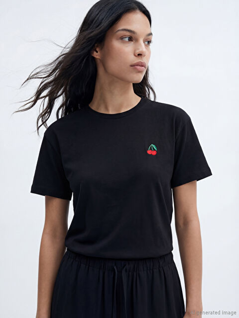 XSIDE Bisiklet Yaka Kiraz Nakışlı Kadın Tişört - S6KF63Z8-CVL