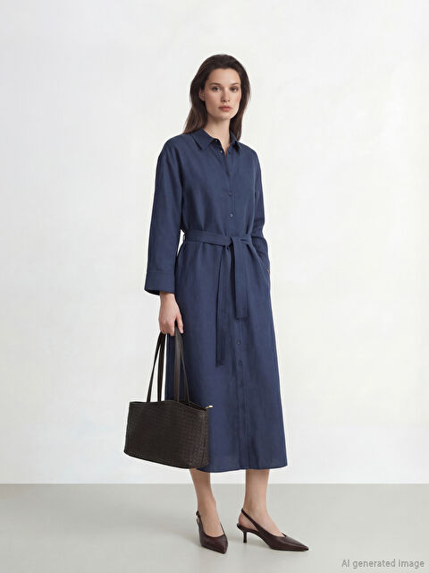 LCW Modest Kuşaklı Keten Karışımlı Gömlek Elbise - S6KG29Z8-YFY
