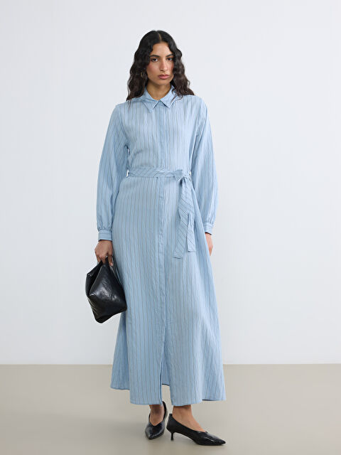 LCW Modest Çizgili Kuşaklı Poplin Gömlek Elbise - S6KG30Z8-LEH