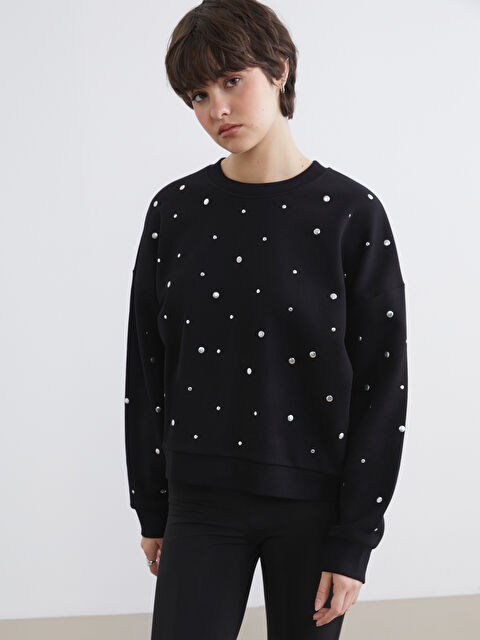 XSIDE Bisiklet Yaka Taşlı Kadın Kalın Sweatshirt - S6KG47Z8-CVL