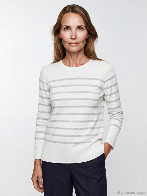 LCW Grace Bisiklet Yaka Çizgili Kadın Triko Kazak - S6KH05Z8-LFY