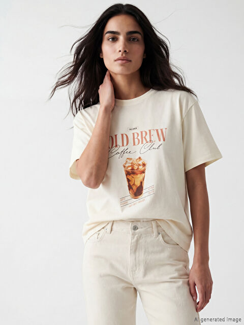 LCW Vision Bisiklet Yaka Baskılı Oversize Kadın Tişört - S6KH24Z8-FDJ