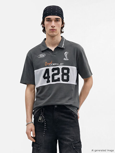 XSIDE Oversize Polo Yaka Ford Baskılı Erkek Tişört - S6KH50Z8-HLC