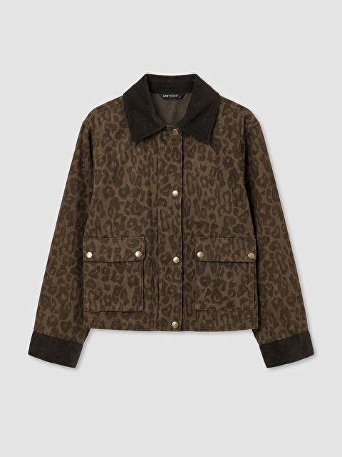LCW Modest Kadife Yaka Leopar Desenli Oversize Kadın Jean Ceket - S6KH52Z8-LQY