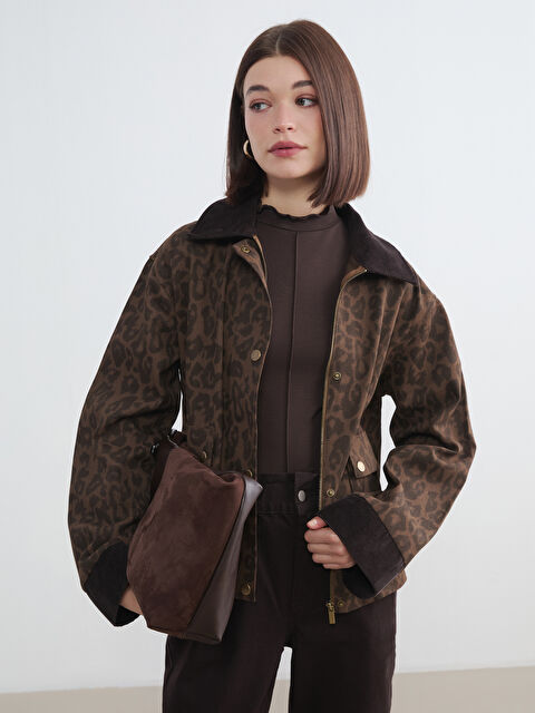 LCW Modest Kadife Yaka Leopar Desenli Oversize Kadın Jean Ceket - S6KH52Z8-LQY