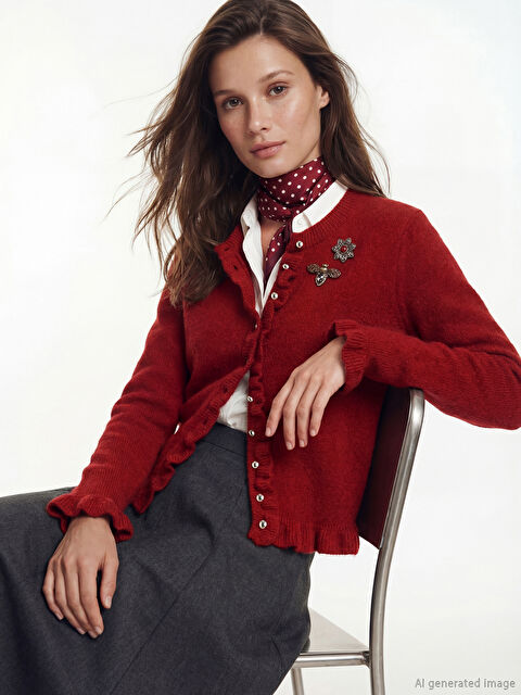 LCW Modest Bisiklet Yaka Fırfırlı Kadın Triko Hırka