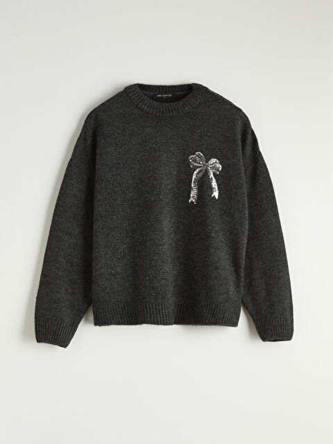 LCW Comfort Bisiklet Yaka Fiyonk Nakışlı Kadın Triko Kazak - S6KI61Z8-JPT