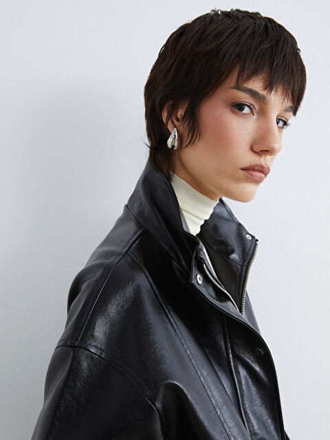 LCW Vision Dik Yaka Oversize Kadın Deri Görünümlü Ceket - S6KI66Z8-CVL