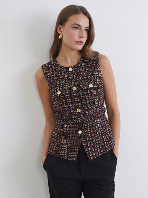 LCWAIKIKI Classic Bisiklet Yaka Ekose Kadın Tüvit Yelek - S6KI97Z8-LNQ