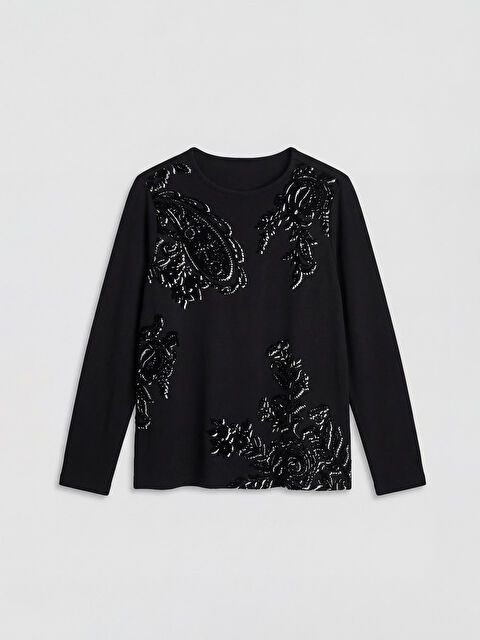 LCW Grace Bisiklet Yaka Desenli Kadın Tişört - S6KJ16Z8-DW9