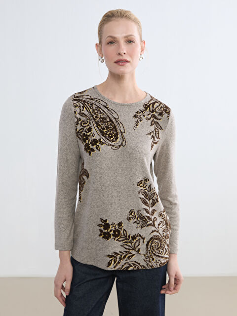 LCW Grace Bisiklet Yaka Desenli Kadın Tişört - S6KJ16Z8-D2Y