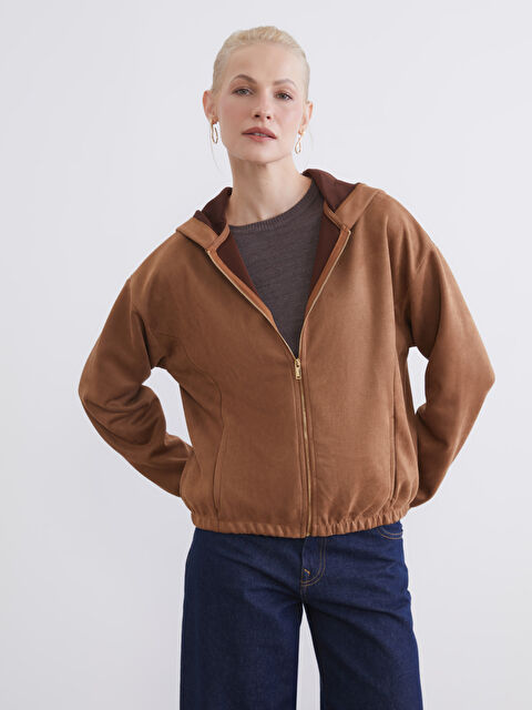 LCWAIKIKI Classic Kapüşonlu Süet Görünümlü Kadın Fermuarlı Sweatshirt - S6KM64Z8-HAK