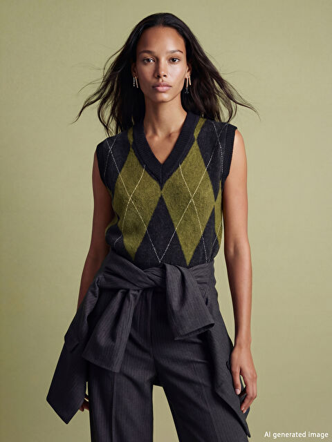 LCWAIKIKI Classic Baklava Desenli Kadın Triko Süveter - S6KN04Z8-MHS