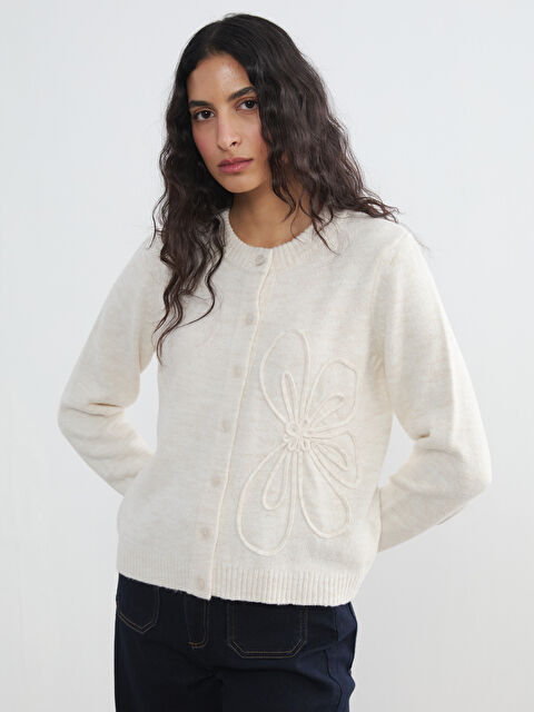 LCW Modest Bisiklet Yaka Nakışlı Kadın Triko Hırka - S6KN22Z8-V9H