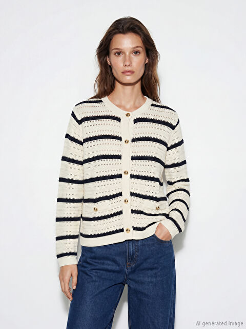 LCW Modest Bisiklet Yaka Çizgili Kadın Triko Hırka - S6KN34Z8-LGS