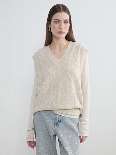 LCW Modest Baklava Desenli Oversize Kadın Triko Süveter - S6KO24Z8-V9D