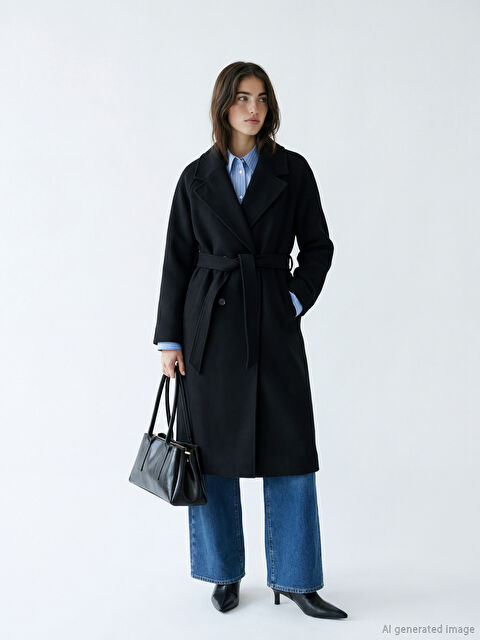 LCW Modest Kruvaze Yaka Kadın Kaşe Kaban - S6KO45Z8-CVL