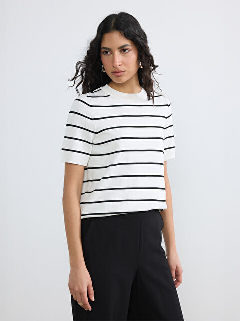 LCW Modest Bisiklet Yaka Çizgili Kadın Triko Kazak - S6KO48Z8-LEG