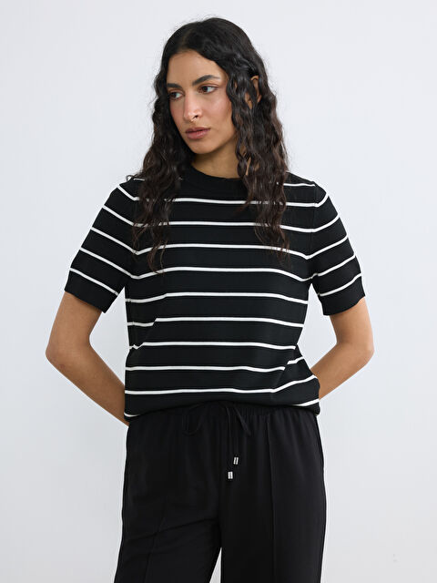 LCW Modest Bisiklet Yaka Çizgili Kadın Triko Kazak - S6KO48Z8-LEG