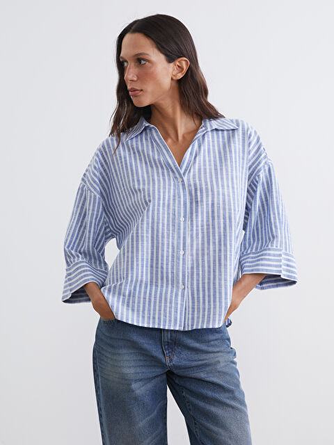 LCW Vision Çizgili Oversize Poplin Kadın Gömlek - S6KO53Z8-LEN