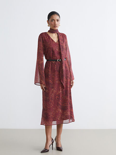 LCWAIKIKI Classic Şal Yaka Desenli İspanyol Kollu Kemerli Elbise - S6KP69Z8-F9C