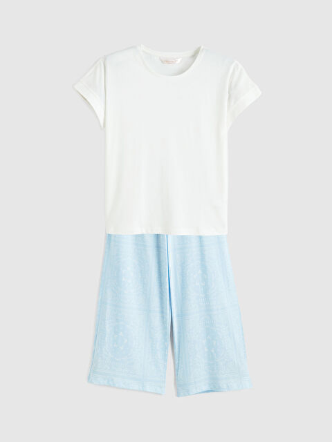 LCW DREAM Bisiklet Yaka Desenli Kadın Kaprili Pijama Takımı - S6KP85Z8-LQK