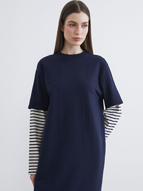 LCW Modest Bisiklet Yaka Çizgili Sweat Elbise	 - S6KQ13Z8-ZPK