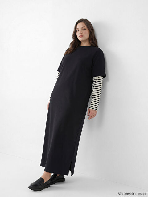 LCW Modest Bisiklet Yaka Çizgili Sweat Elbise	 - S6KQ13Z8-CVL