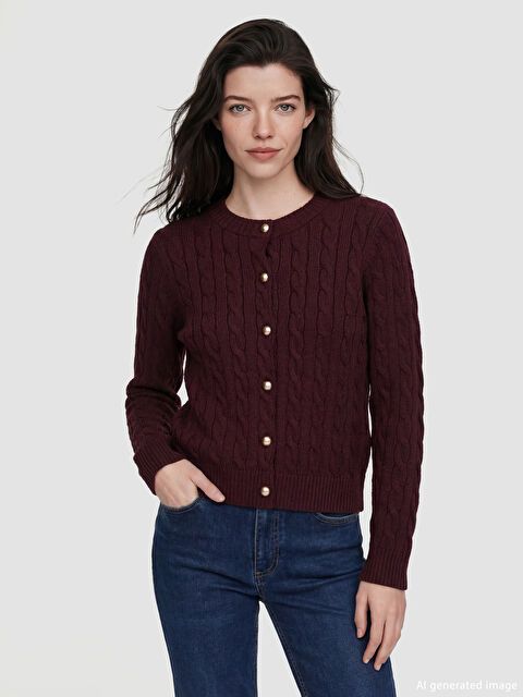 LCW Comfort Bisiklet Yaka Desenli Kadın Triko Hırka	 - S6KR26Z8-Z7Q