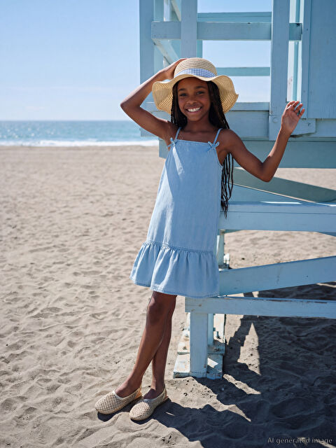 LCW Kids Fiyonk Detaylı İp Askılı Kız Çocuk Jean Elbise