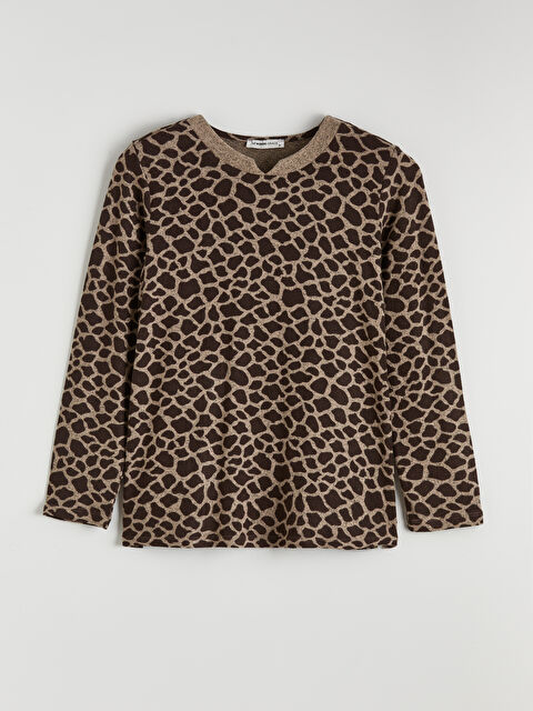 LCW Grace Kaçık Yaka Leopar Desenli Kadın Tişört - S6KS07Z8-LQB