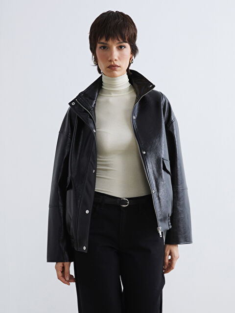 LCW Vision Stand-up Collar Oversized Women's Faux Leather Jacket - S6KT66Z8-CVL