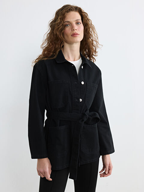 LCWAIKIKI Classic Gömlek Yaka Kuşak Detaylı Kadın Jean Ceket - S6KU38Z8-J0F