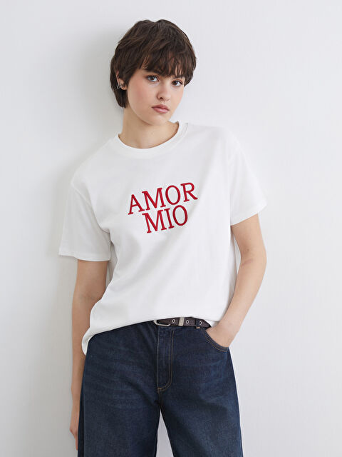 XSIDE Bisiklet Yaka Nakışlı Kadın Tişört - S6KU58Z8-R9J