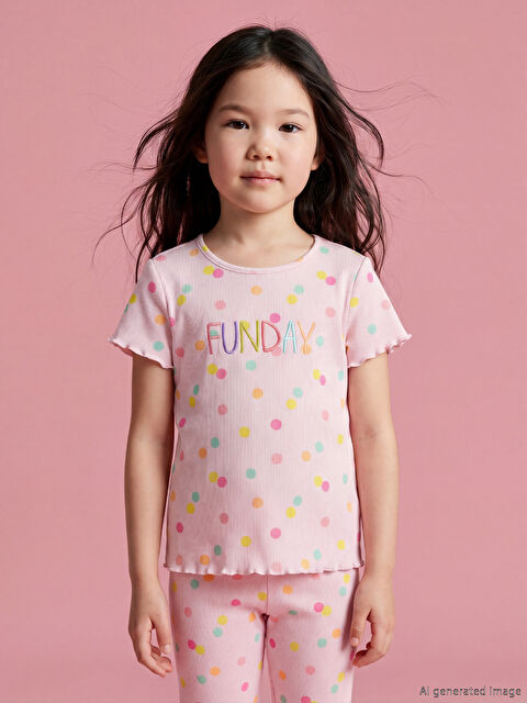 LCW Kids Bisiklet Yaka Puantiyeli Kız Çocuk Fitilli Tişört