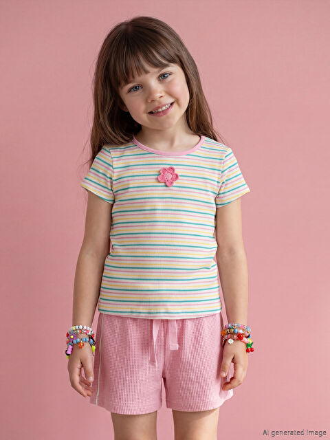 LCW Kids Bisiklet Yaka Çizgili Kız Çocuk Fitilli Tişört