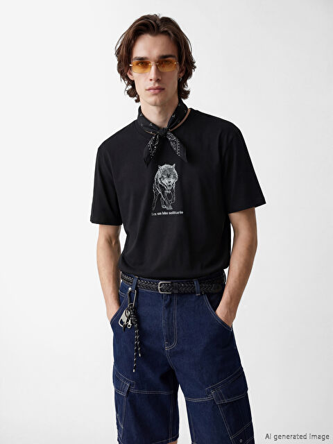 XSIDE تي شيرت رجالي جيرسي مطبوع بياقة دائرية - S6L021Z8-CVL