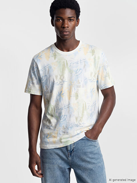 XSIDE تي شيرت رجالي منقوش بياقة دائرية