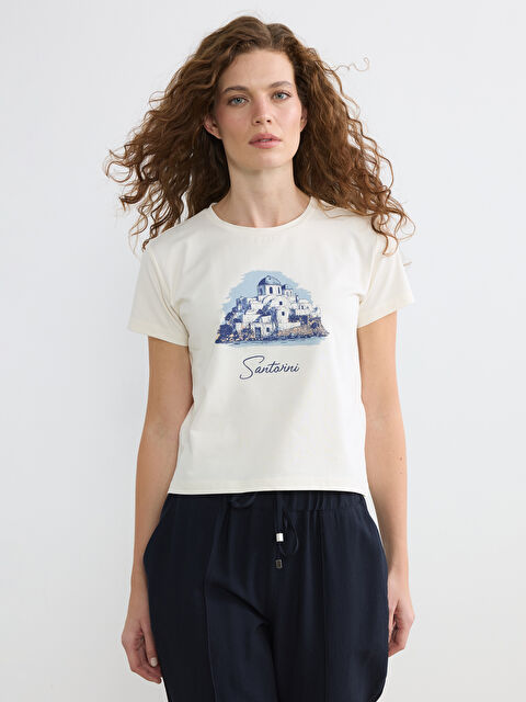 LC WAIKIKI Bisiklet Yaka Santorini Baskılı Kadın Tişört - S6L079Z8-FRC